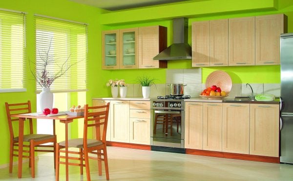 The kitchen is painted in bright color.