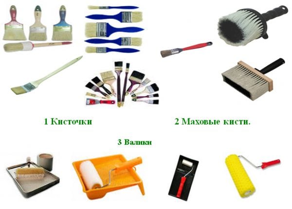 Selection of brushes and rollers for applying varnish