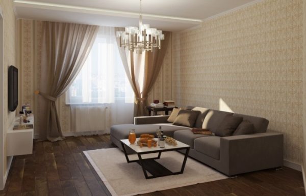 Beige wallpaper allows you to hide the roughness of the walls