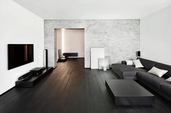 White walls and dark floor