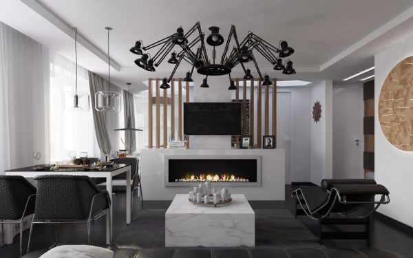 Black chandelier in the living room interior