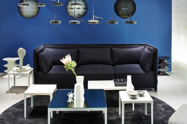 The combination of blue, black and white in the interior