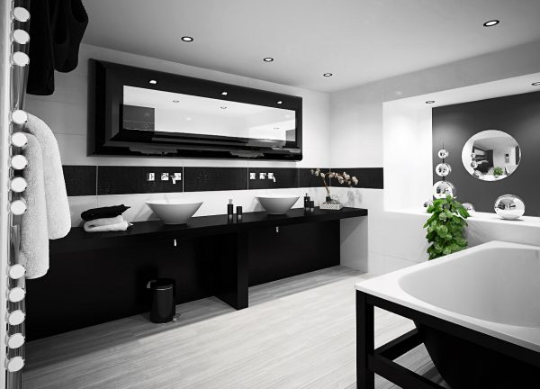 Black is often used in bathroom design