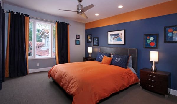 Orange and blue in the bedroom interior