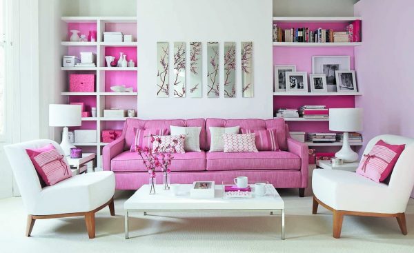 Pink sofa in the living room interior