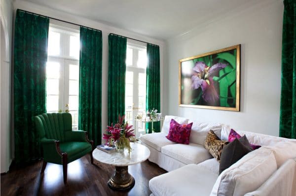 Dark green curtains in the interior