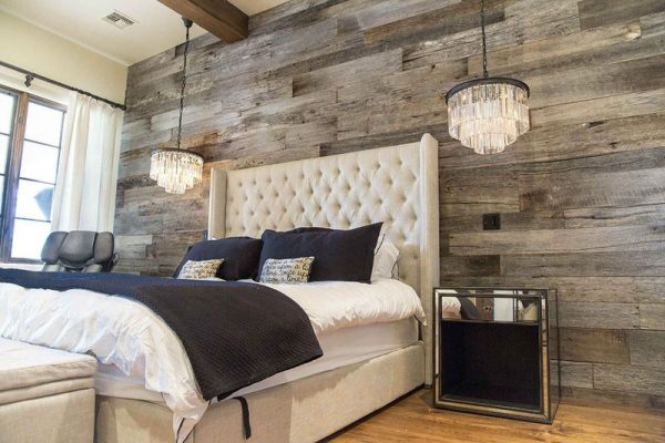 Brushed clapboard in bedroom interior