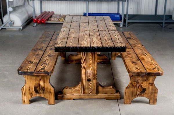 Burned wood table and benches