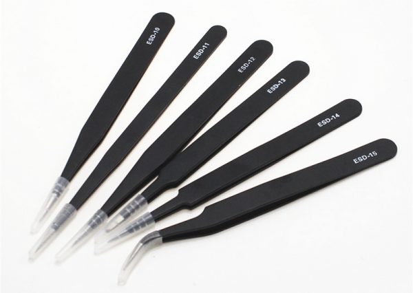 A set of antistatic soldering tweezers