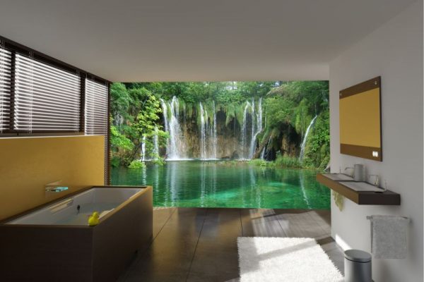 3D wallpaper waterfall in the bathroom interior