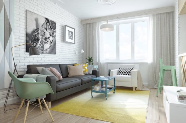 Scandinavian-style living room with white brick wall