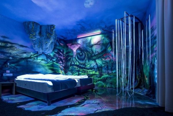 3D fluorescent wallpaper in bedroom interior