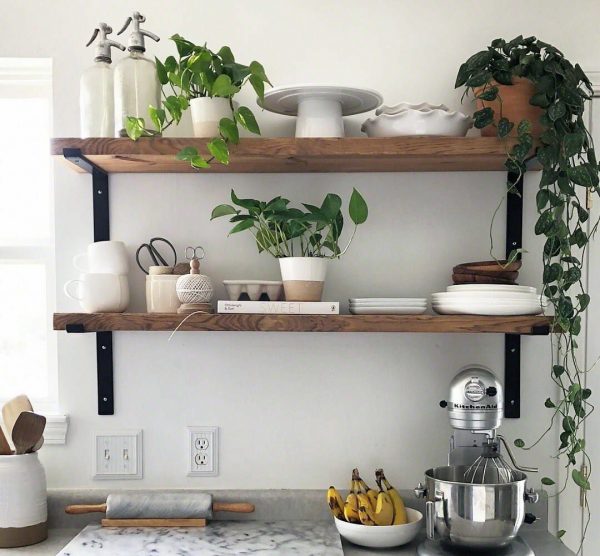 Open hinged shelves in the kitchen