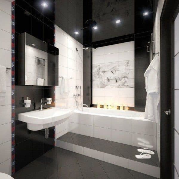 Glossy black ceiling in the bathroom