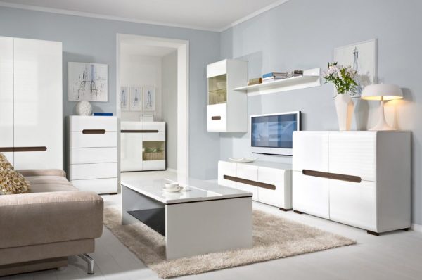 White glossy furniture in the living room