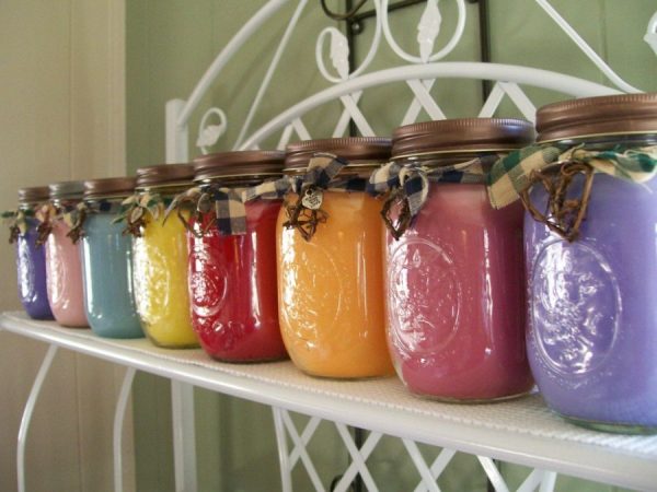 Colored glass jars decorated