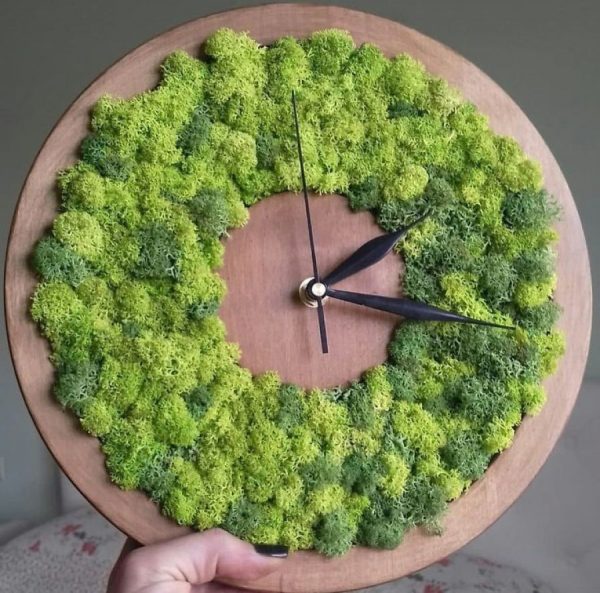 Clock made of wood and moss