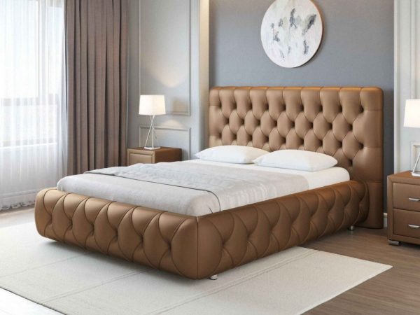 Brown bed with soft headboard